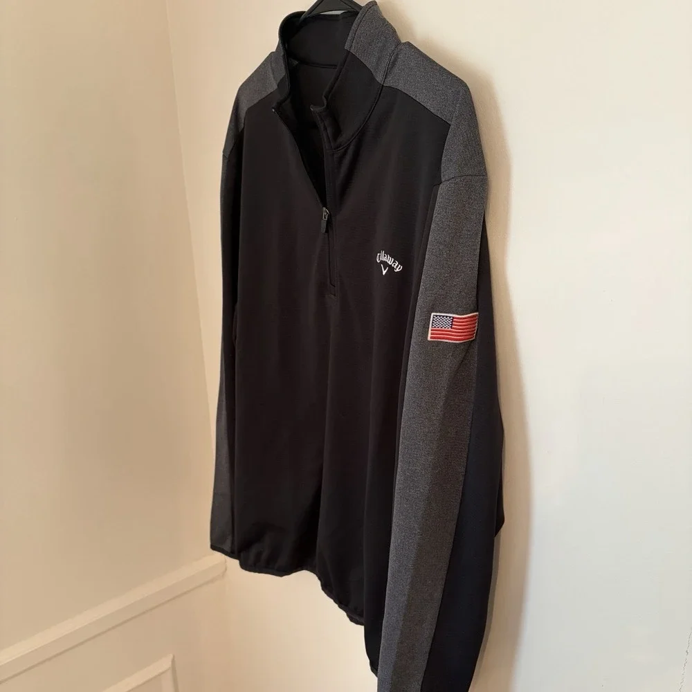 Callaway Golf 1/4 Zip Sweater Mens Large Black Gray Pullover USA Flag Patch